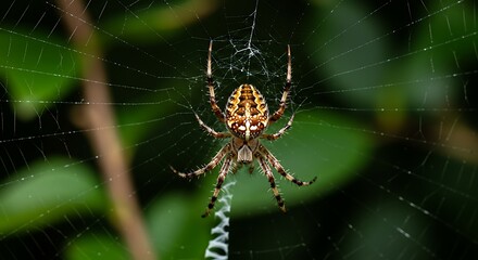 Orb Weaver Spider in Web, Detailed Macro Shot, Green Background