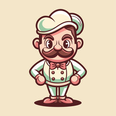 Retro ice cream shop chef mascot vector illustration in pastel vintage tones, nostalgic dessert character logo design for branding