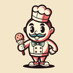 Retro ice cream shop chef mascot vector illustration in pastel vintage tones, nostalgic dessert character logo design for branding