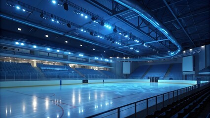 Fototapeta premium Empty ice rink with cool blue lighting, highlighting the serene atmosphere of the arena.