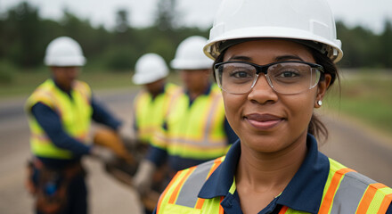 Smiling female construction worker in safety gear with her team in the background on a job site.
