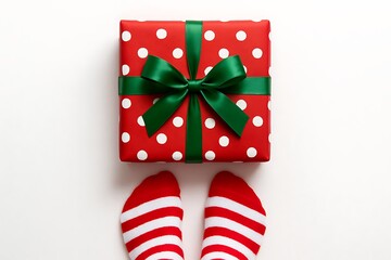Obraz premium Red gift box wrapped in green ribbon with polka dots sits on white surface with striped socks