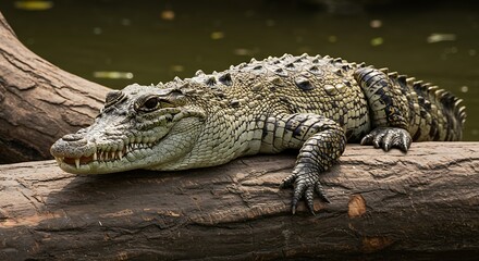 Fototapeta premium Patient Predator: A Detailed Close-Up of a Crocodile Basking on a Log