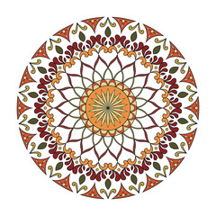 Intricate mandala design in autumn tones with black outline. Inspired by fall leaves and earthy colors. Ideal for seasonal projects, crafts, and home decor