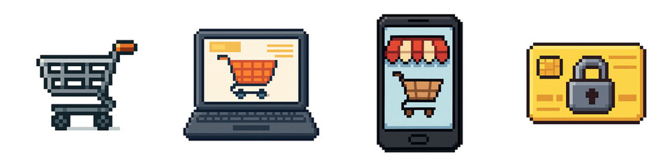 Pixel art shopping icons show sales essentials with black Friday festival theme and secure payment concept