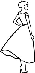 outline woman wearing frock with high heels, isolated on white, suitable for clothing ads, modelling logos, and fashion illustrations.