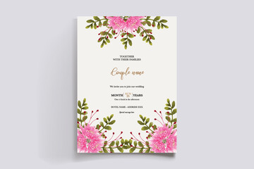 WEDDING INVITATION FRAME WITH FLOWER DECORATIONS AND FRESH LEAVES