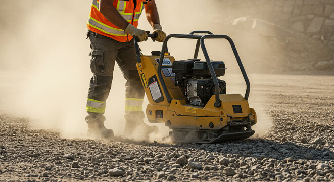 Construction worker operating a plate compactor on a gravel surface. - Powered by Adobe