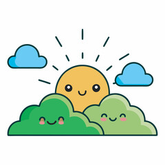 Whimsical Weather Friends Adorable Sun Hiding Behind Smiling Green Bushes and Fluffy Blue Clouds Illustration