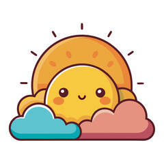 Adorable Kawaii Sun Character Hiding Behind Fluffy Clouds A Whimsical Illustration Perfect for Children's Decor and Playful Designs