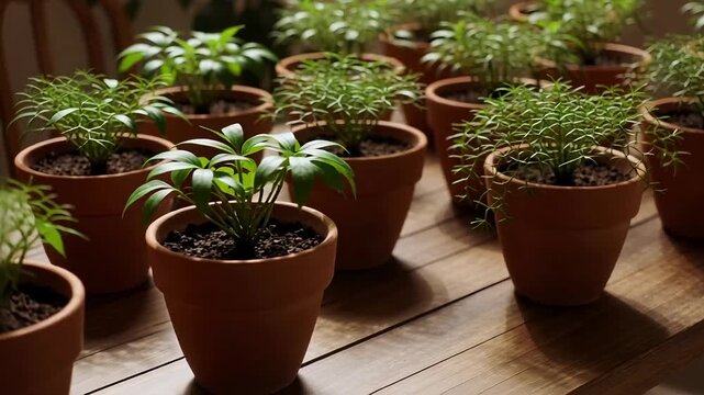 Rows of small potted plants on a wooden surface, creating a sense of growth and nurturing