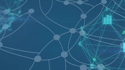 Digital animation of globe of digital icons spinning and network of connections on blue background - Powered by Adobe
