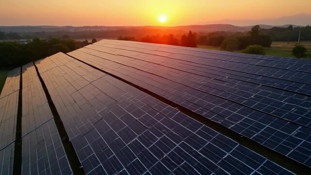 Aerial top view of a solar panels power plant. Photovoltaic solar panels at sunrise and sunset in countryside from above. Modern technology, climate care, earth saving, renewable energy concept.