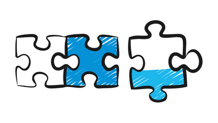 Blue puzzle pieces connecting black doodle style