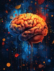 Glowing Human Brain in Warm Colors with Cosmic Abstract Background