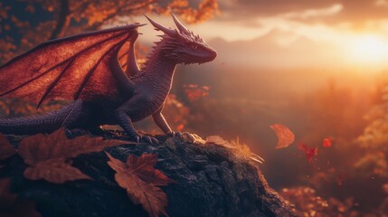 A mythical dragon perches on a rock in a forest with autumn leaves and a sunset in the background.