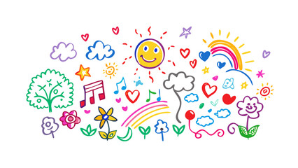 Cheerful doodle art with sun and flowers illustration
