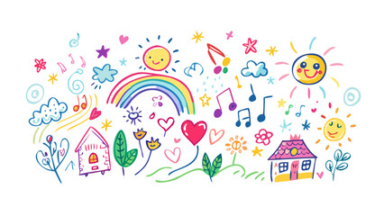 Cheerful doodle art with suns and houses children's art