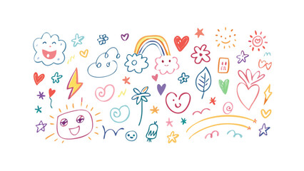 Cheerful doodle collection with rainbow and sun hearts