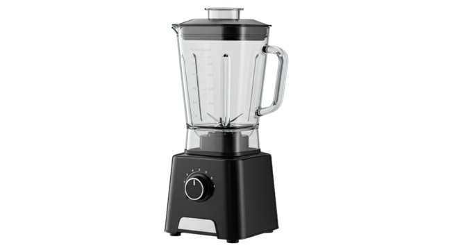 Black Electric Blender with Glass Jar and Rotary Dial.