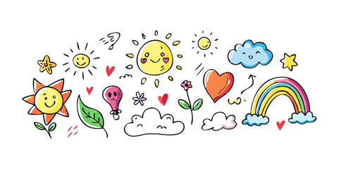 Cheerful doodle elements rainbow clouds