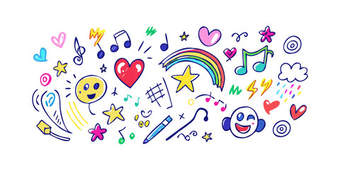 Cheerful doodle elements with music notes and hearts