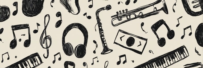 Musical Instruments and Notes Create a Lively Pattern in a Whimsical Black and White Design Featuring Various Musical Elements