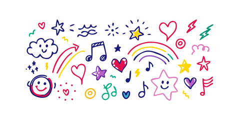 Cheerful doodles with stars hearts and music notes