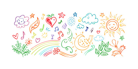 Cheerful doodles of sun moon clouds and music notes