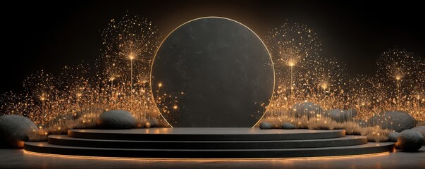 Obraz premium Elegant golden circular arch with artistic design and glowing lights