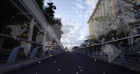 World map and data processing over time-lapse of city bridge - Powered by Adobe