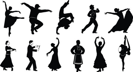 Dance silhouettes collection, ballet, hip hop, traditional dance, flamenco, cultural expression, performing arts, dynamic poses, artistic movement, dance performance