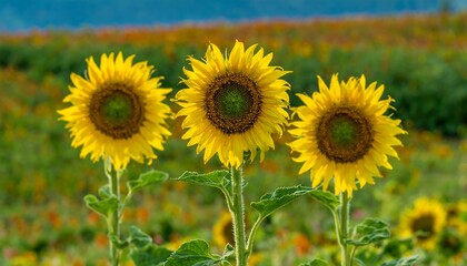 Three vibrant sunflowers stand tall in a field of colorful flowers, bathed in warm sunlight.