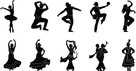 Dance silhouette collection, ballet, hip hop, flamenco, traditional dance, couple dancing, cultural dance, expressive poses, artistic movement, performance art