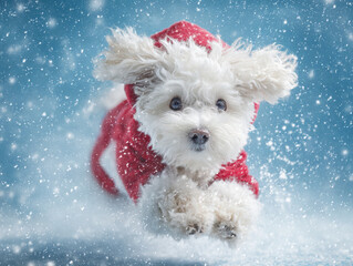 A joyful Bichon Frise in a Santa outfit frolics in the snow, embodying the playful spirit of the holiday season
