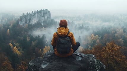 A woman sits on a rocky cliff overlooking a foggy forest, enjoying the serene landscape.