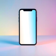 A modern smartphone with a blank screen, presented against a backdrop of vibrant, pastel colors, showcasing a minimalist design.