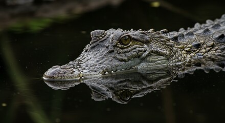 Obraz premium Reflecting Predator: Crocodile's Gaze in Still, Dark Water
