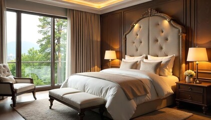 Obraz premium Luxurious bedroom featuring a stunning, exquisitely crafted bed with plush bedding and soft lighting Perfect for hotel, interior design, and home decor websites , dreamy, hotel, lamp