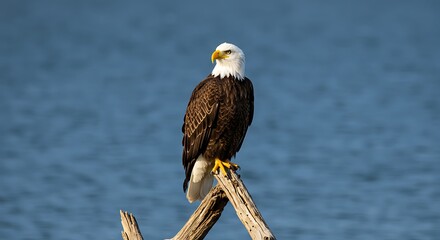 Regal Bald Eagle Perched on a Gnarled Branch, Surveying Blue Waters