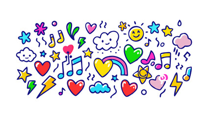 Colorful doodle icons with hearts and music notes cartoon © RABBI