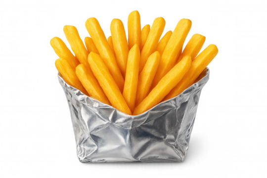 French fries served in open foil wrapper isolated on transparent background, ready for composing