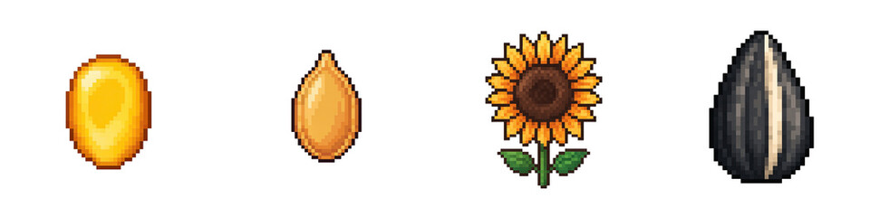 Harvest festival pixel art showing crops with sunflower and seeds in retro style