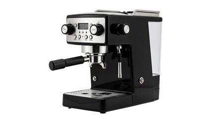 Black Espresso Machine with Chrome Accents and Digital Display.