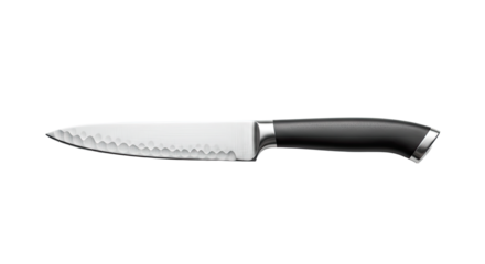 Black handled kitchen knife with textured blade.