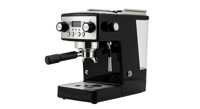 Black Espresso Machine with Chrome Accents and Digital Display.