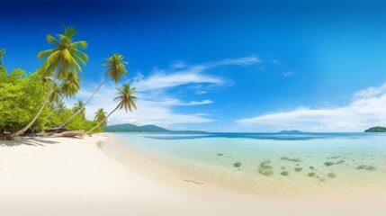 Obraz premium Beautiful tropical island with palm trees and beach panorama as background image