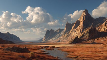 Majestic Mountain Range Landscape Under a Cloudy Sky in a Surreal Setting