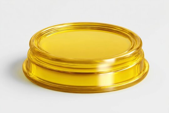 A glossy golden container filled with yellow liquid