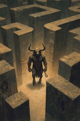 Photorealistic Minotaur Standing in the Heart of a Massive Labyrinth